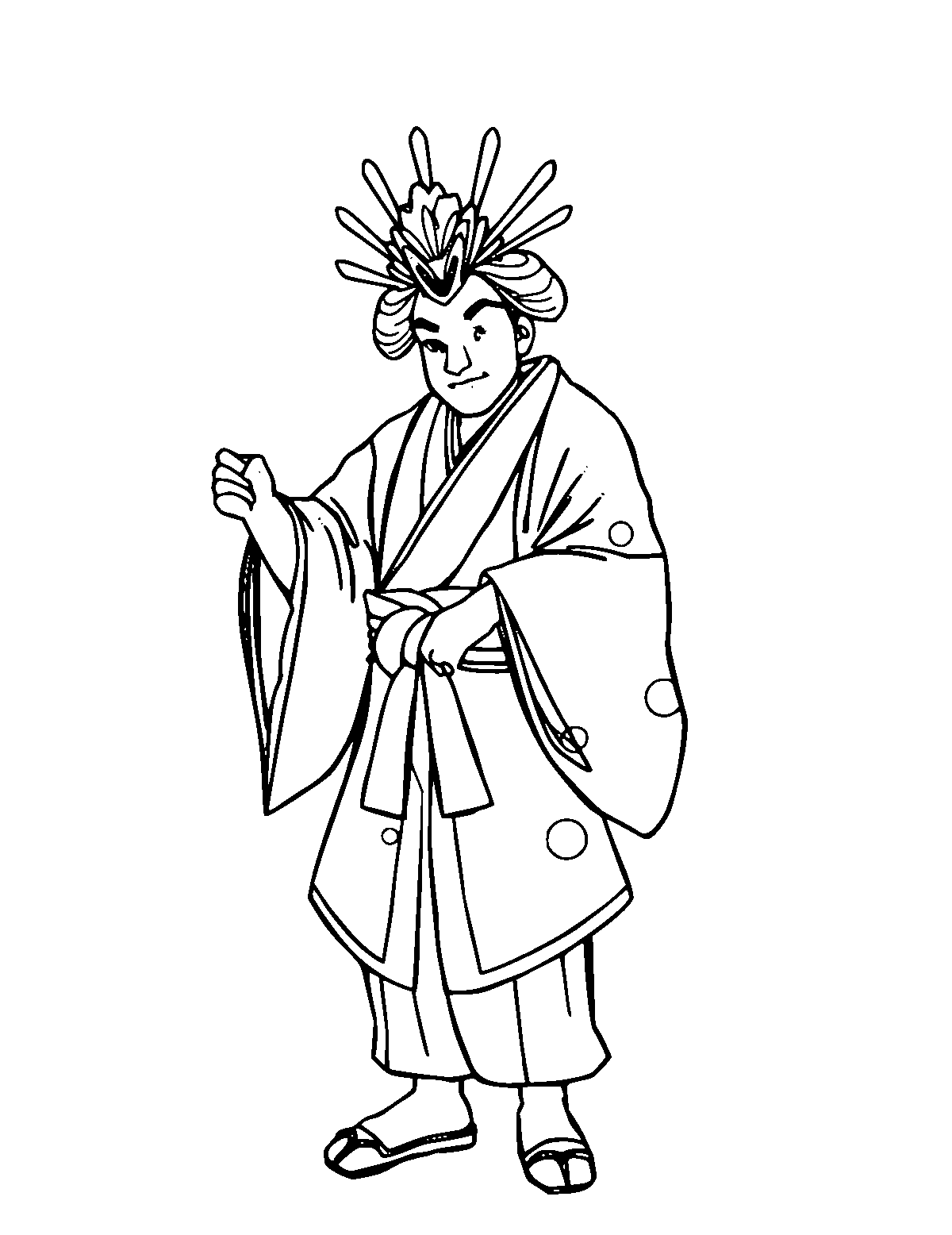 Line-art coloring page of Kabuki Performance, medium outlines, centered