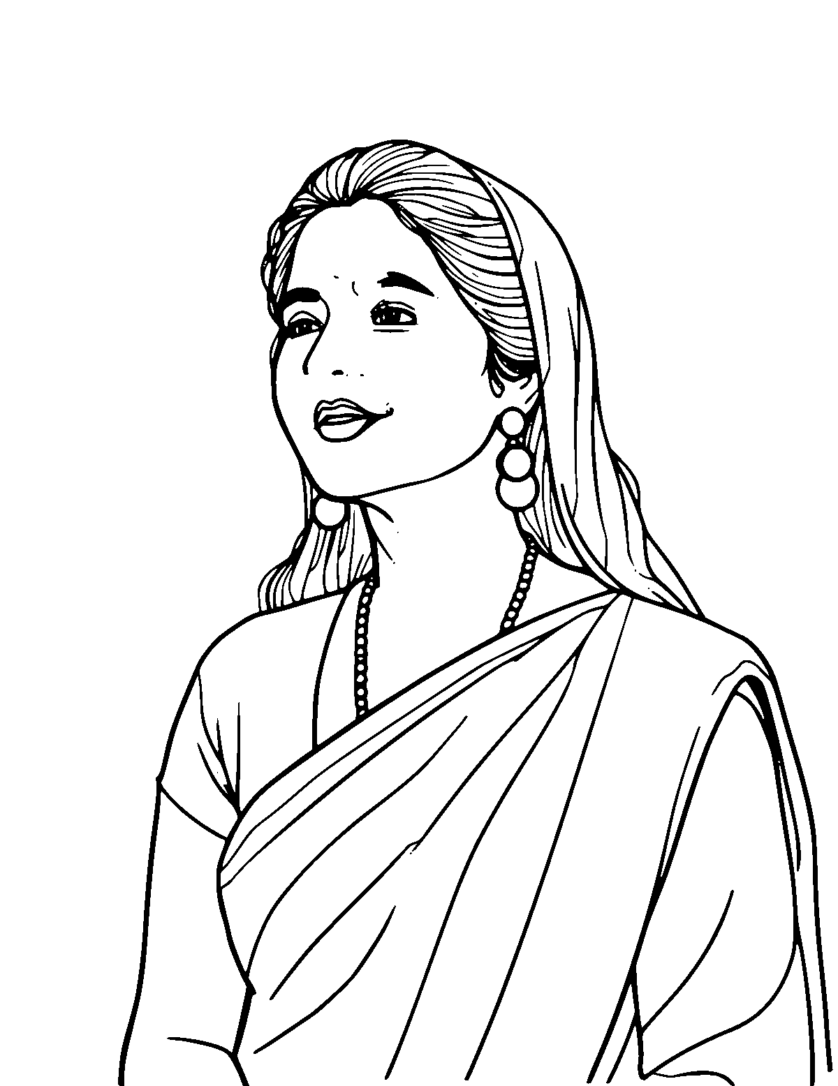 Line-art coloring page of Kalpana Chawla, medium outlines, centered
