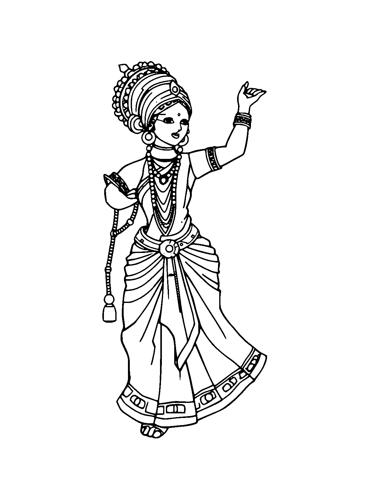 Line-art coloring page of Kathakali Dancer, medium outlines, centered