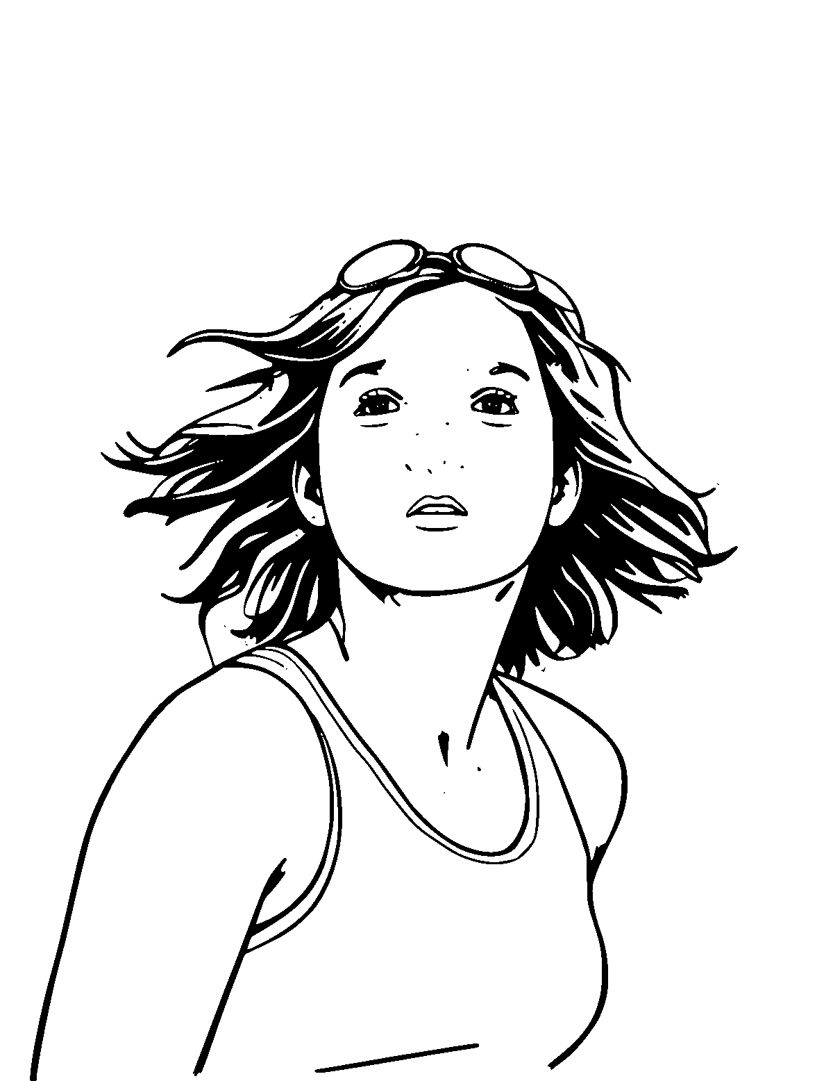 Line-art coloring page of Katie Ledecky, medium outlines, centered