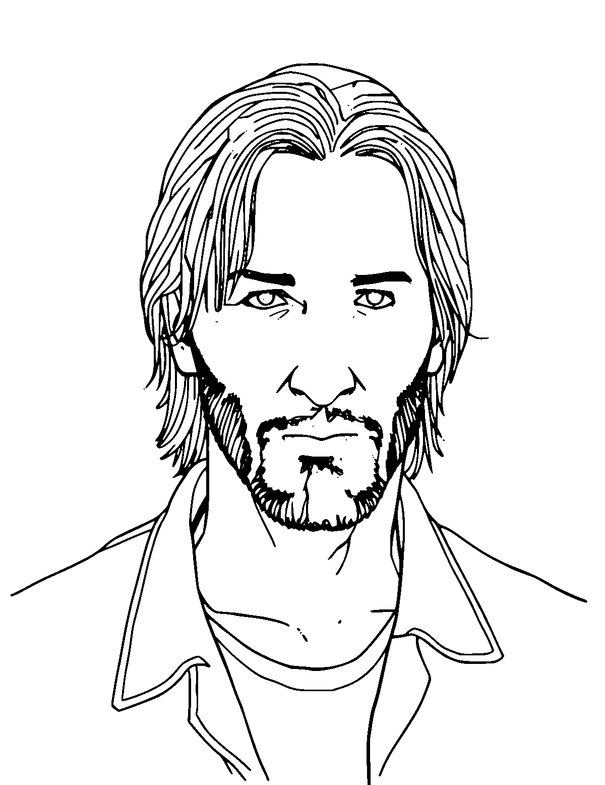 Line-art coloring page of Keanu Reeves, medium outlines, centered