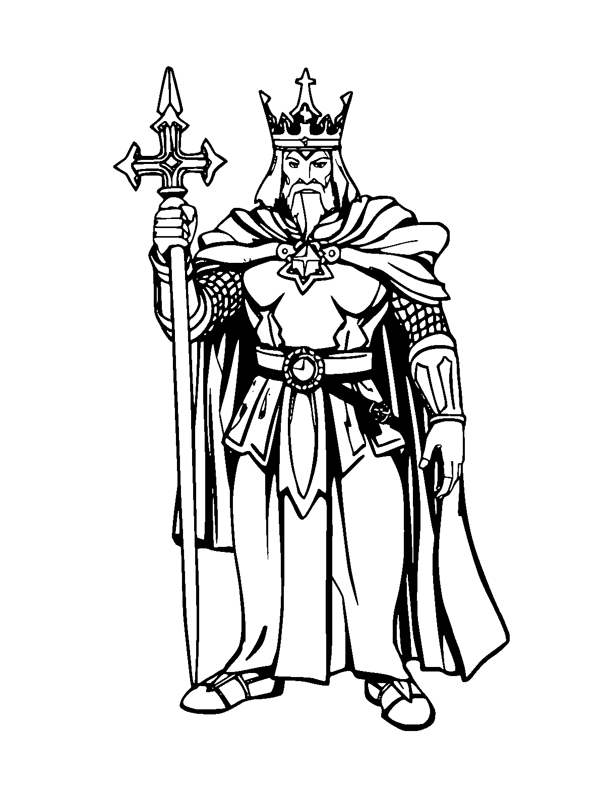 Line-art coloring page of King Arthur, medium outlines, centered