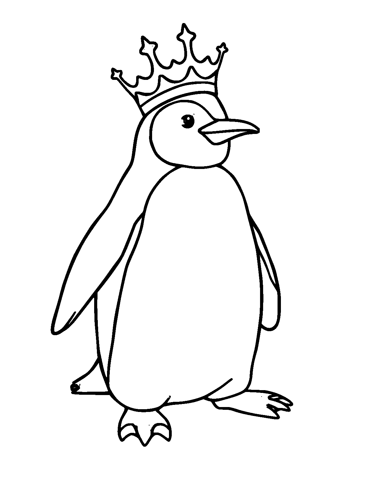Line-art coloring page of King Penguin, thick outlines, centered