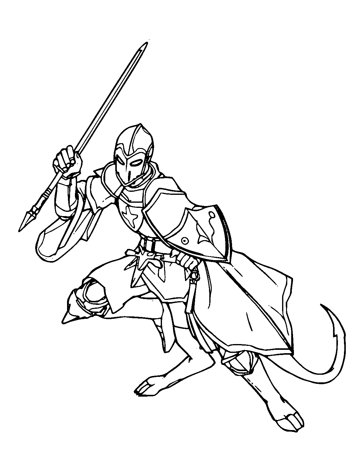 Line-art coloring page of Knight Fighting Monster, medium outlines, centered
