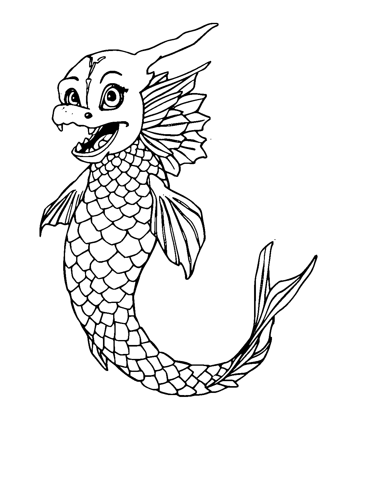 Line-art coloring page of Koi Fish Turning Into a Dragon, medium outlines, centered