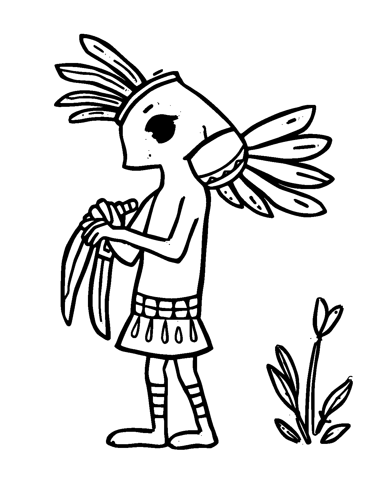 Line-art coloring page of Kokopelli, thick outlines, centered