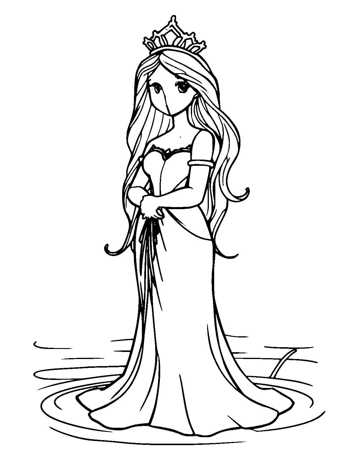 Line-art coloring page of Lady of the Lake, medium outlines, centered
