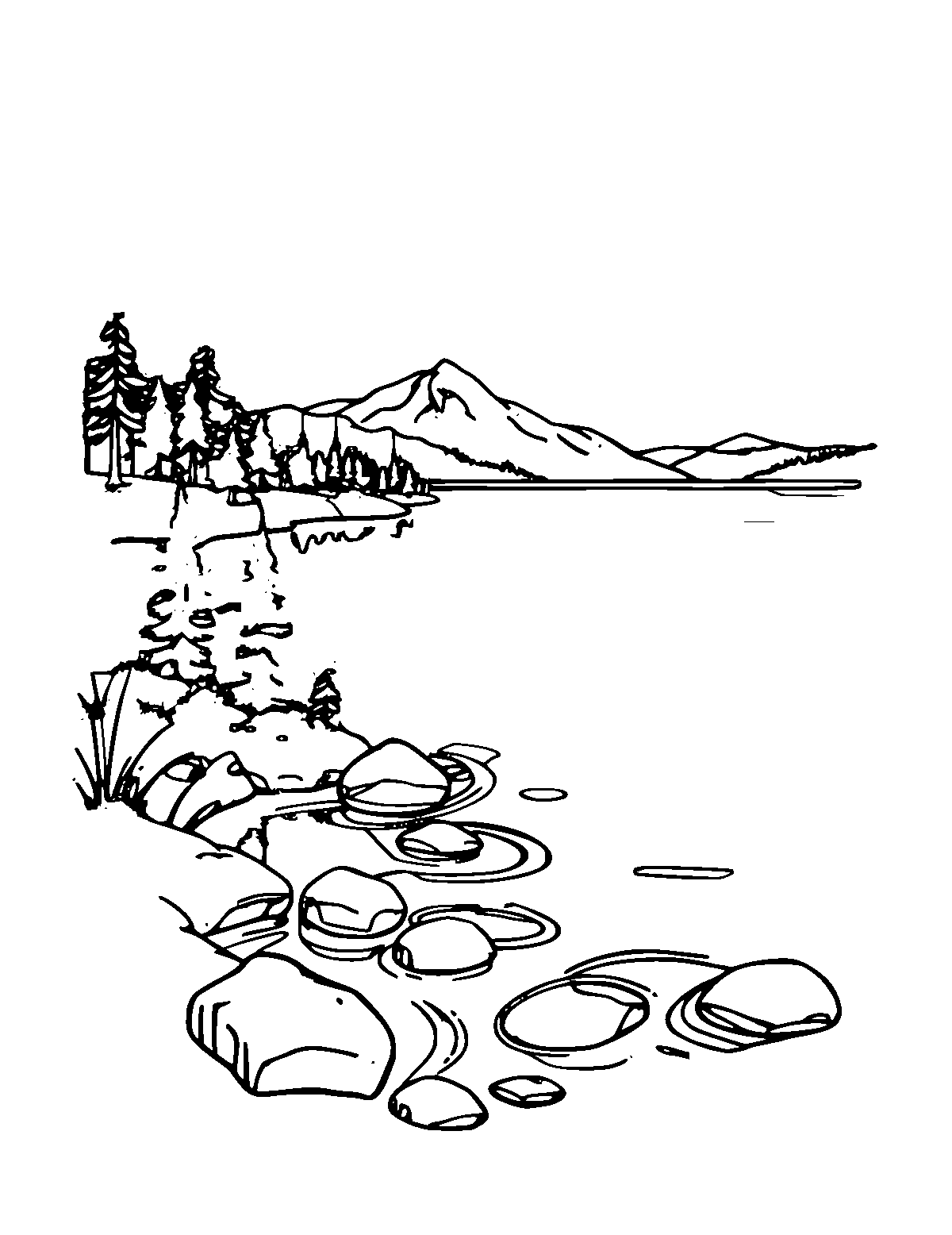 Line-art coloring page of Lake, medium outlines, centered