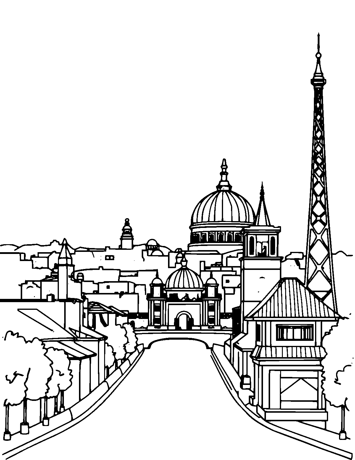 Line-art coloring page of Landmarks, medium outlines, centered