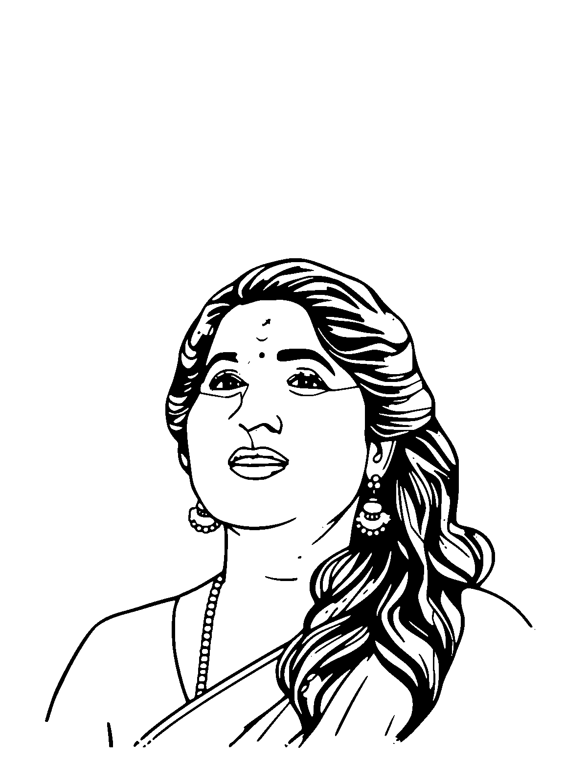 Line-art coloring page of Lata Mangeshkar, medium outlines, centered