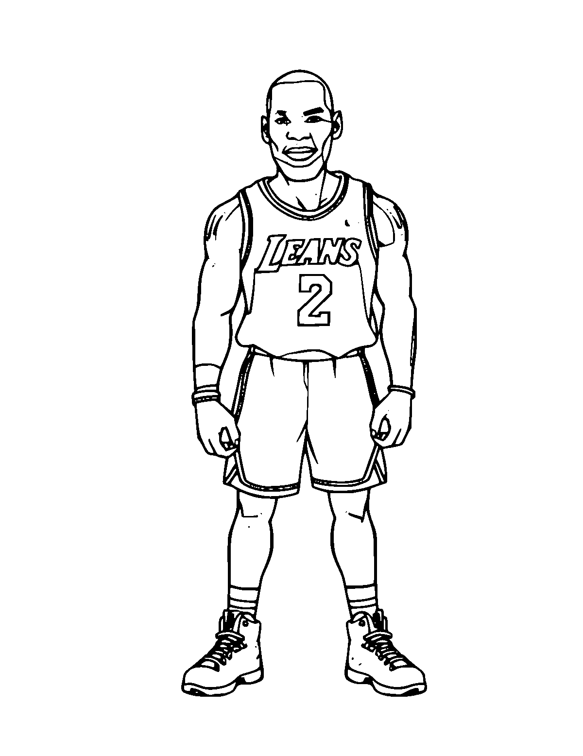 Line-art coloring page of LeBron James, medium outlines, centered
