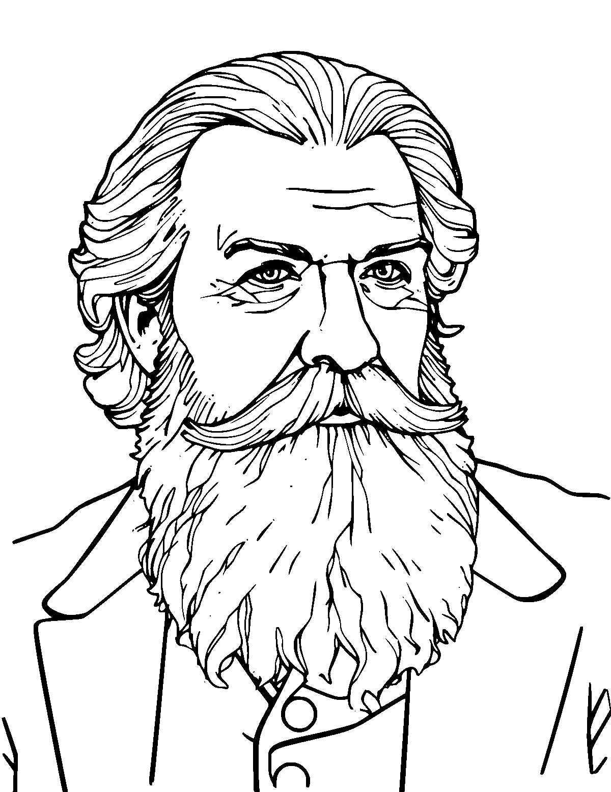 Line-art coloring page of Leo Tolstoy, medium outlines, centered