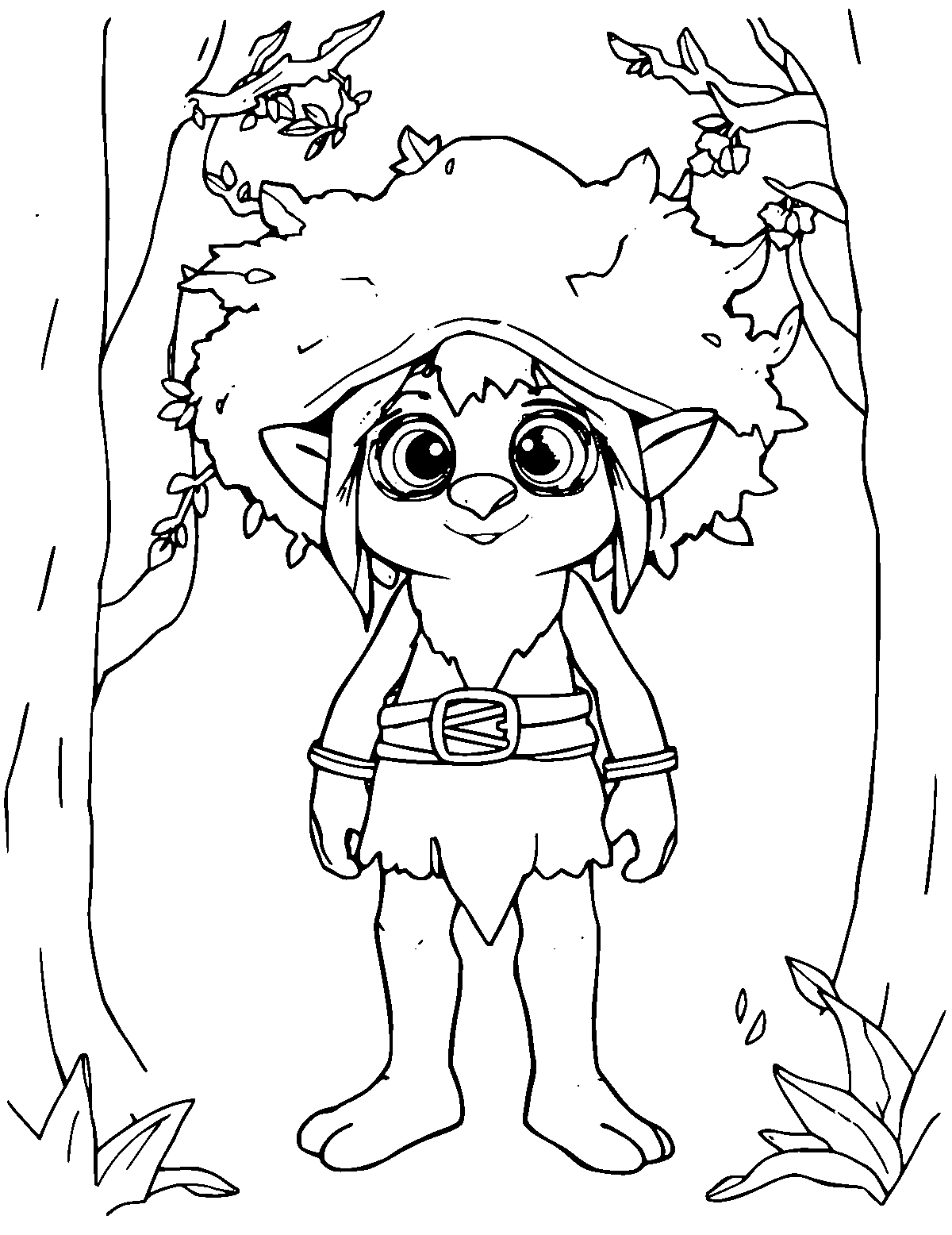 Line-art coloring page of Leshy the Forest Guardian, medium outlines, centered