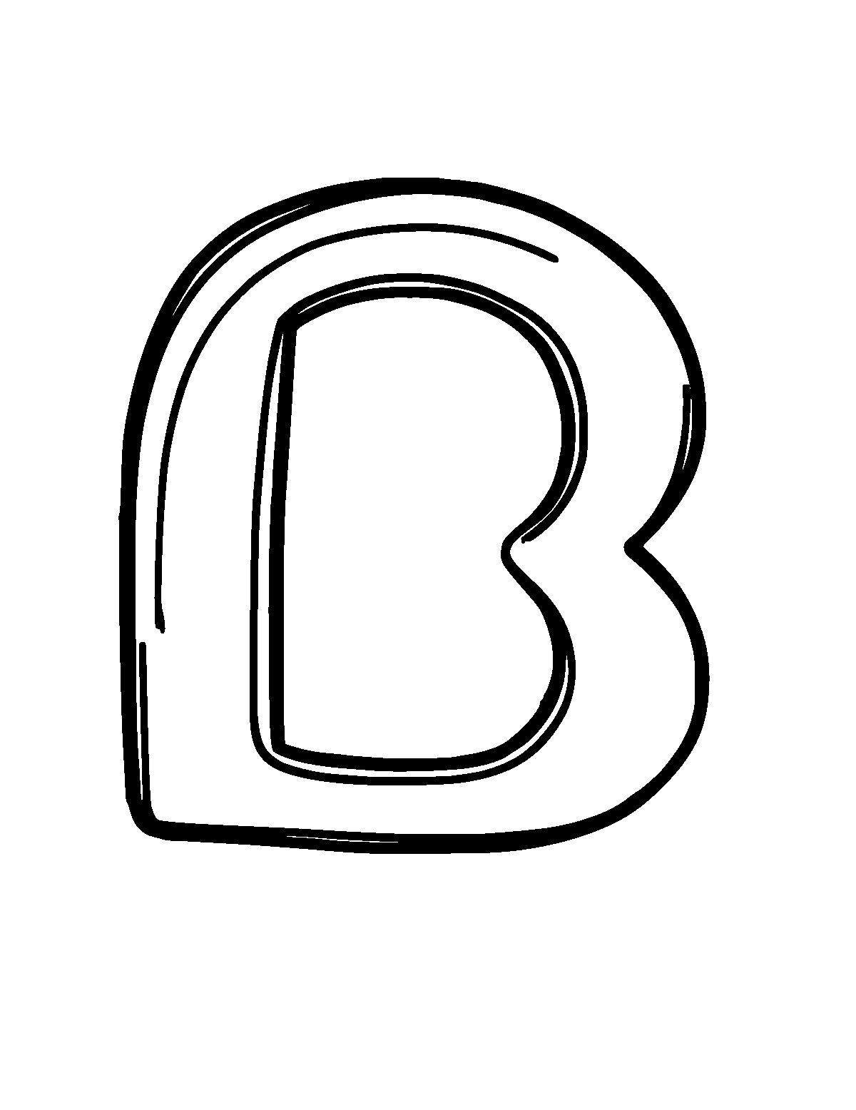 Line-art coloring page of Letter B, thick outlines, centered