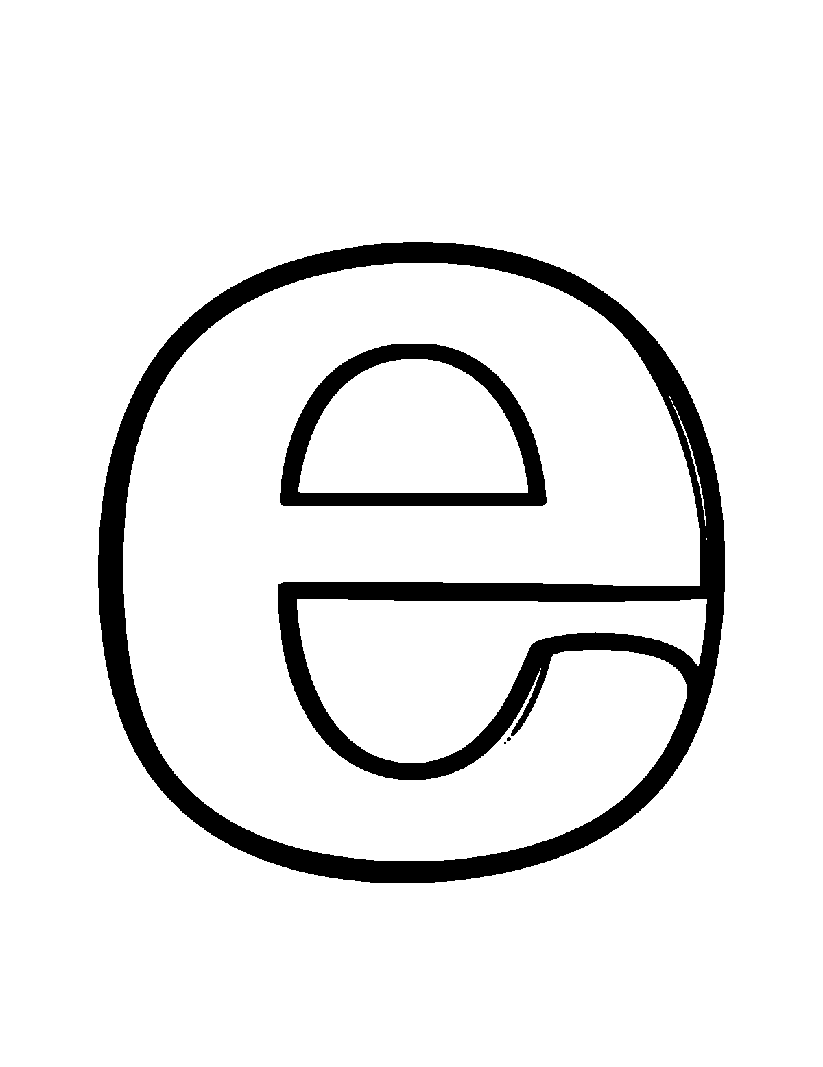Line-art coloring page of Letter E, thick outlines, centered