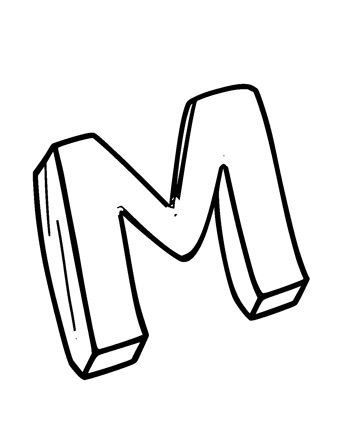 Line-art coloring page of Letter M, thick outlines, centered