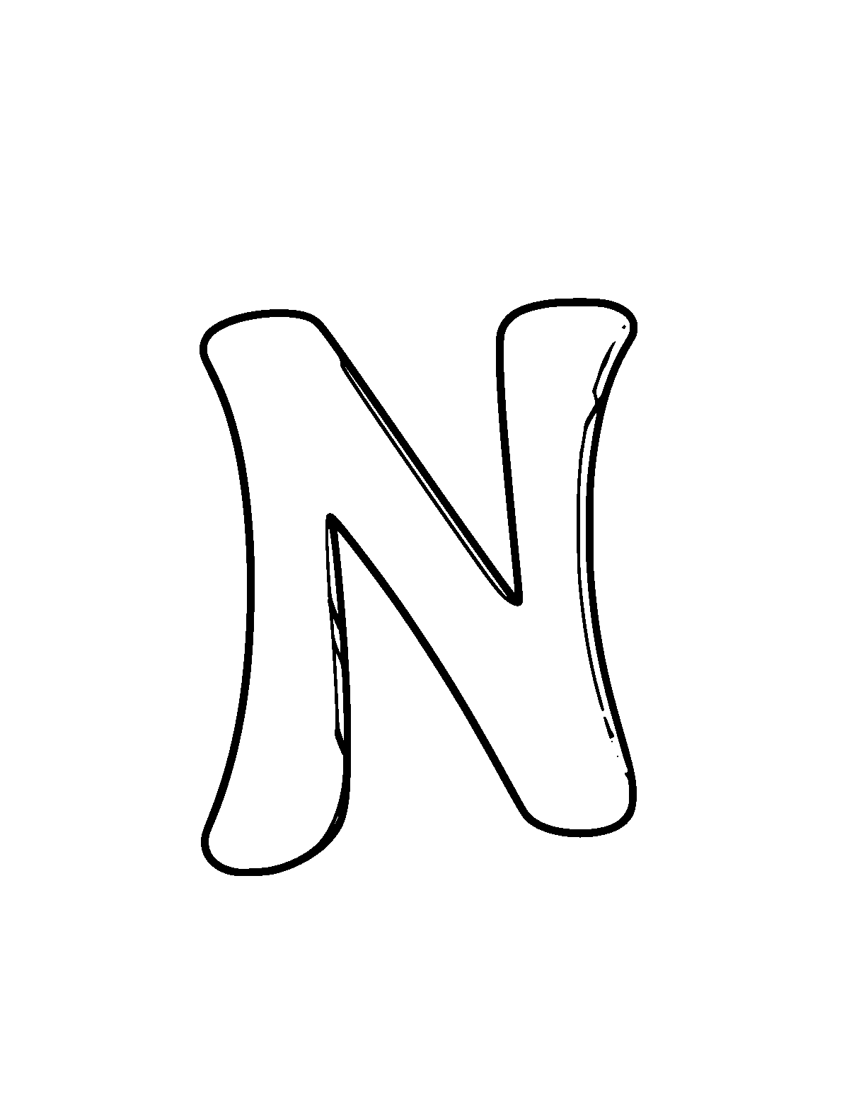 Line-art coloring page of Letter N, medium outlines, centered