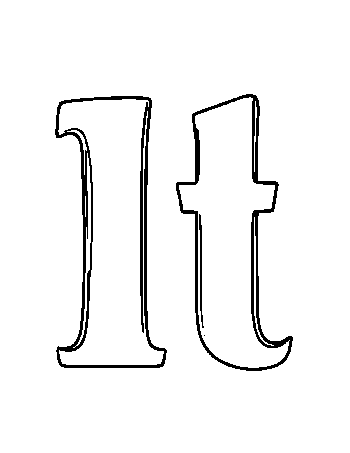 Line-art coloring page of Letter T, thick outlines, centered