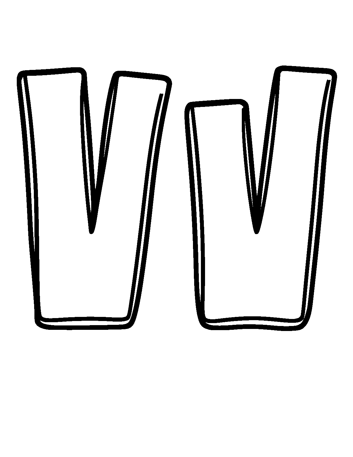 Line-art coloring page of Letter W, thick outlines, centered