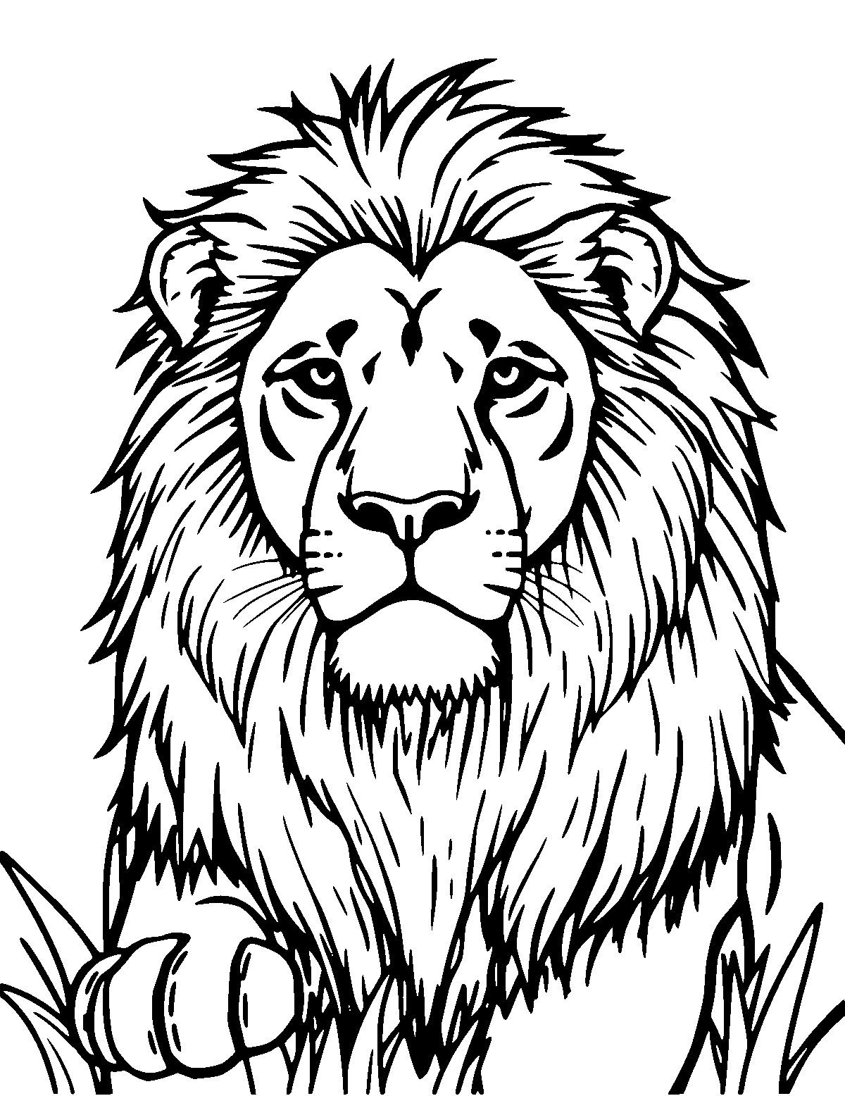 Line-art coloring page of Lion, medium outlines, centered