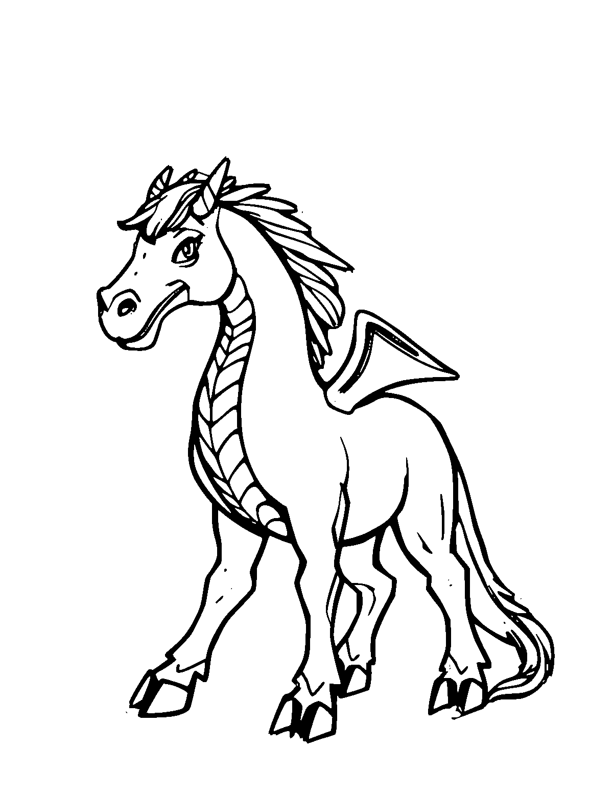 Line-art coloring page of Longma the Dragon Horse, medium outlines, centered