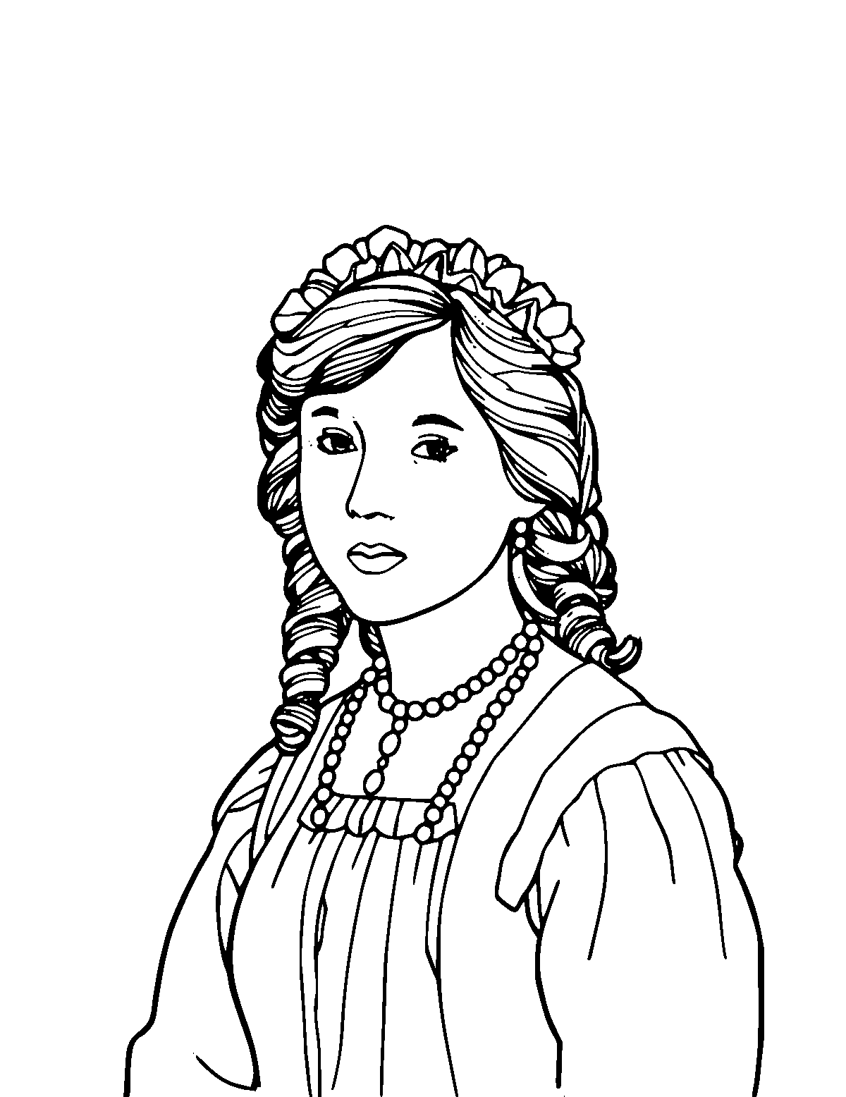 Line-art coloring page of Louisa May Alcott, medium outlines, centered