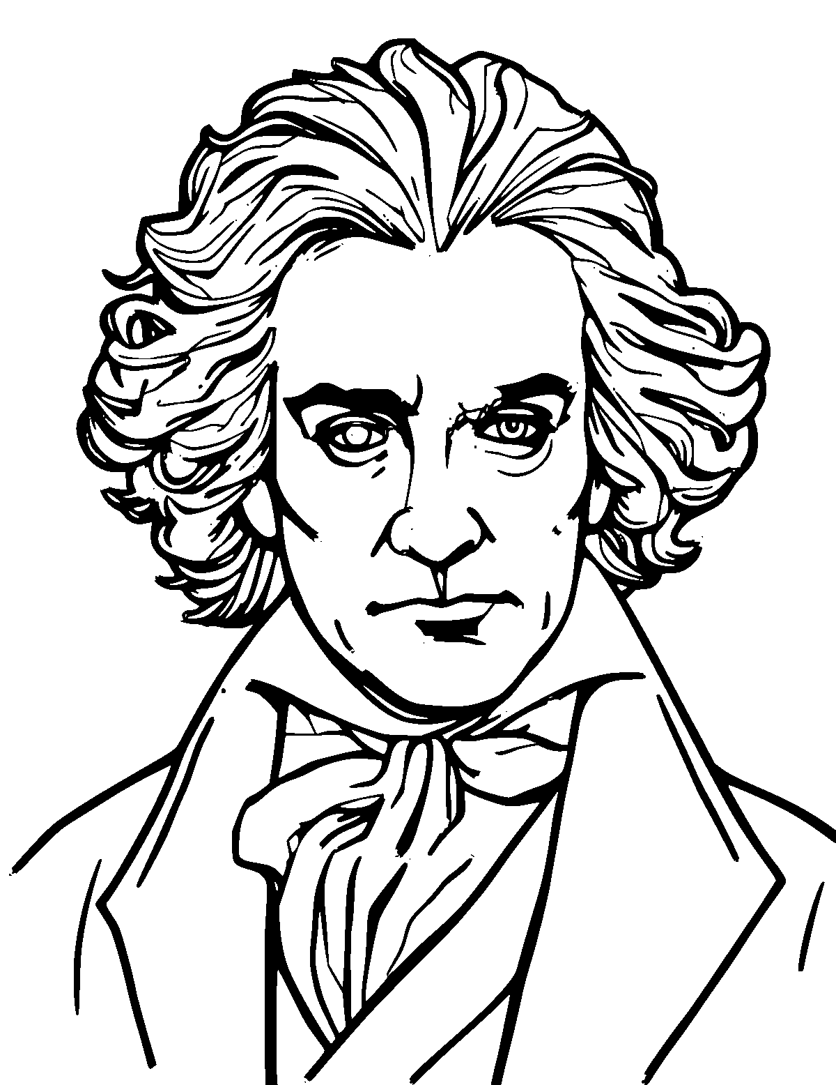 Line-art coloring page of Ludwig Van Beethoven, medium outlines, centered