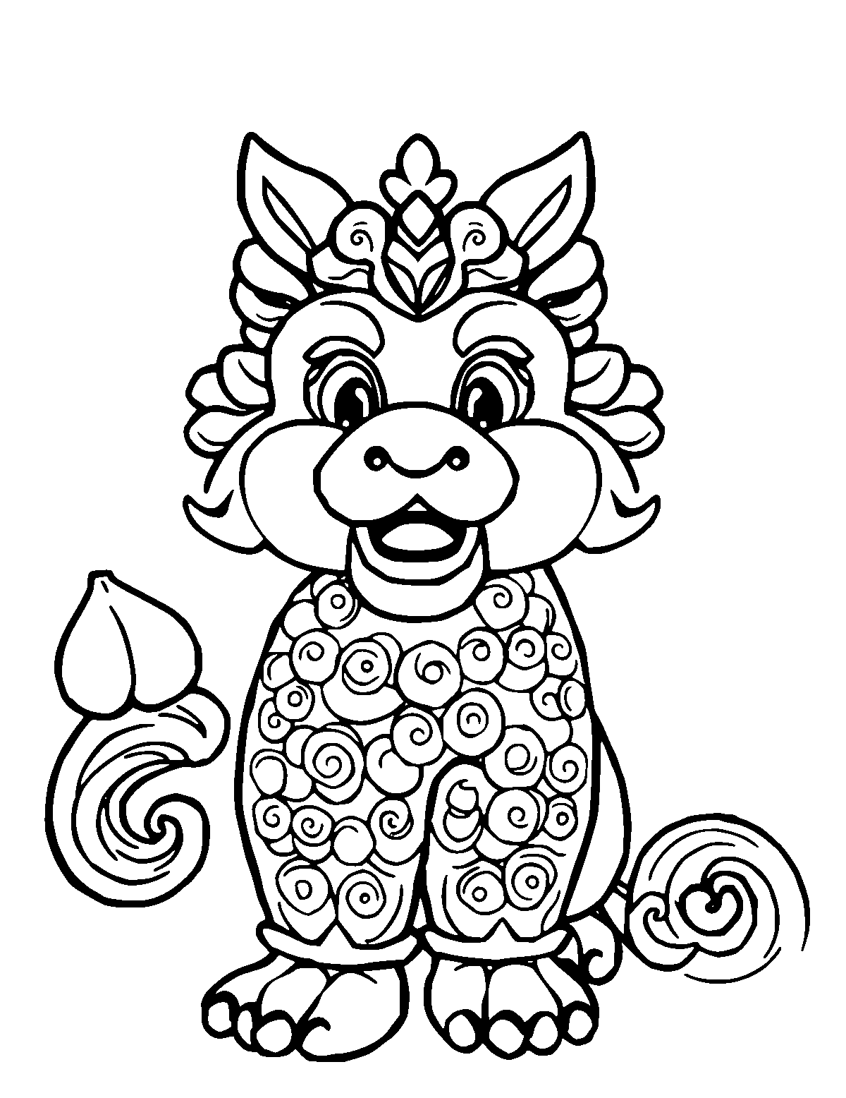 Line-art coloring page of Lunar New Year, medium outlines, centered