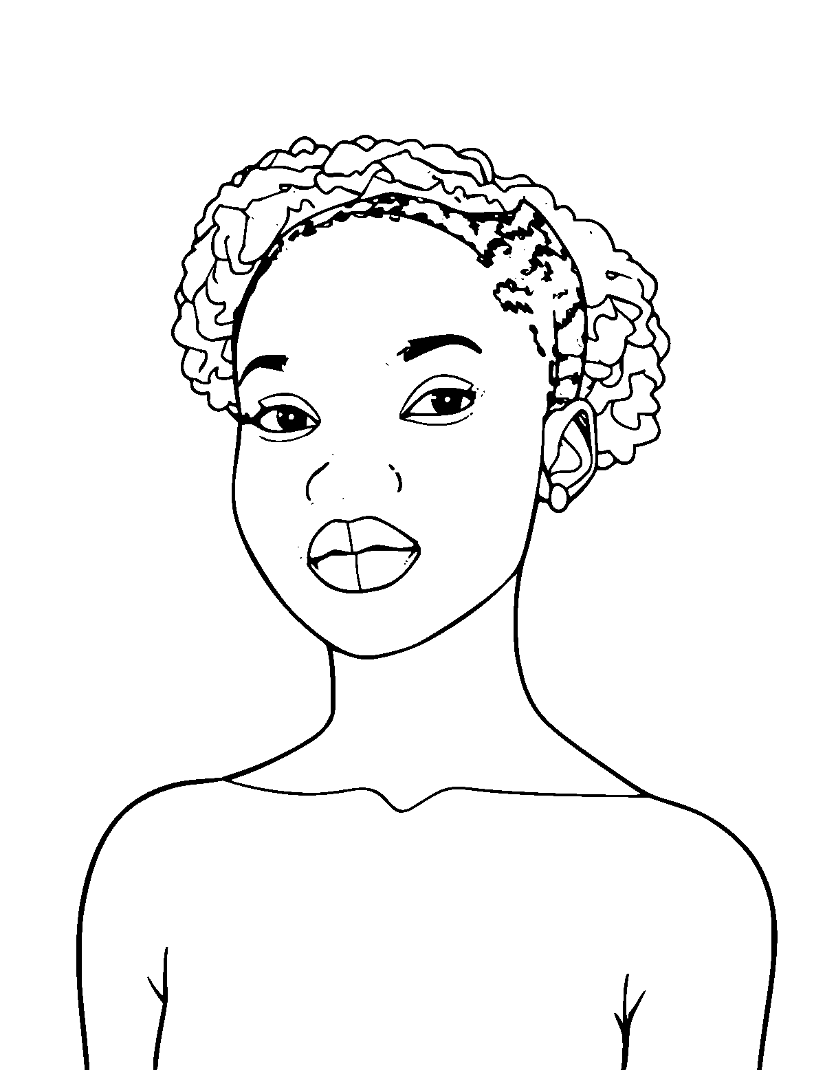 Line-art coloring page of Lupita Nyong'o, medium outlines, centered