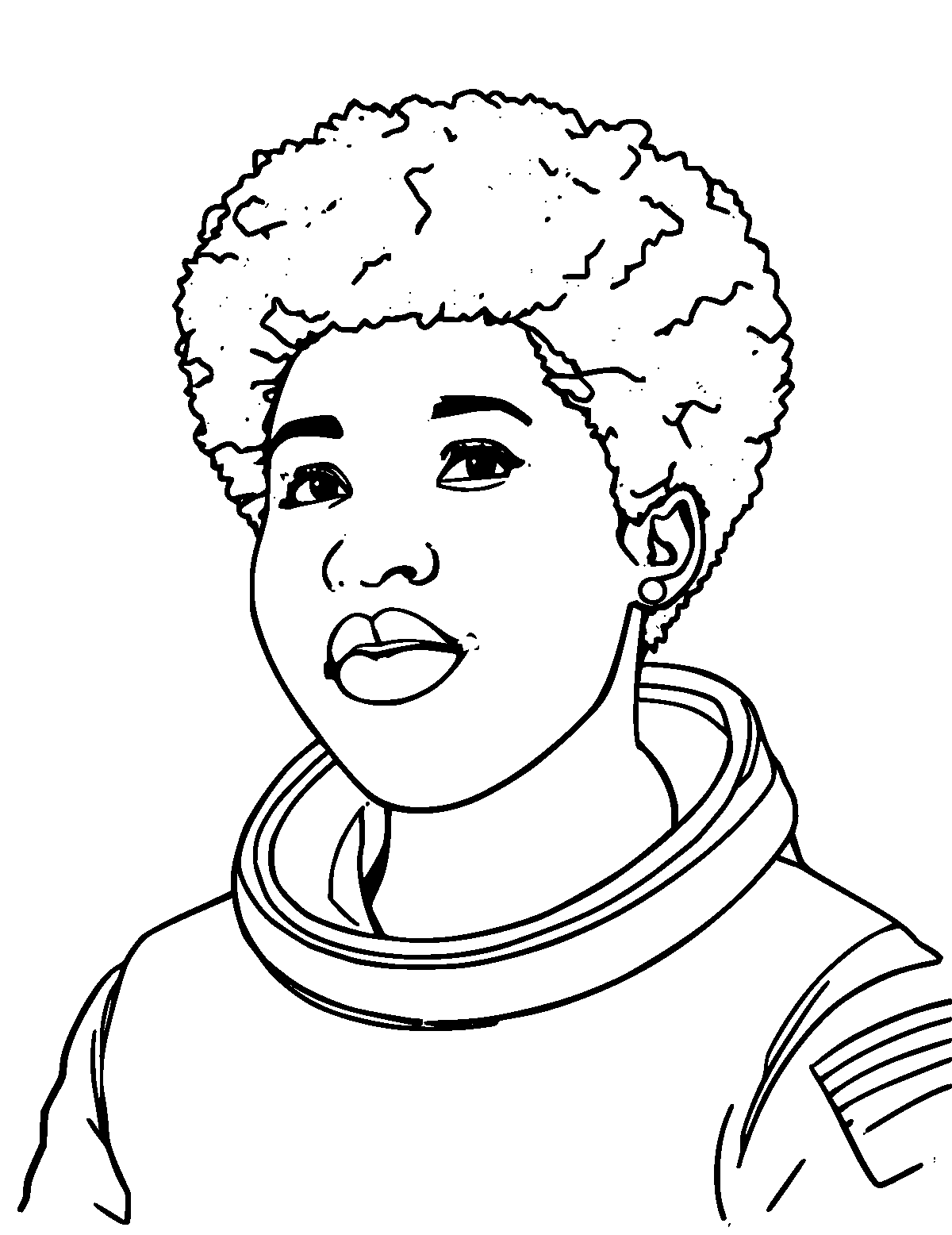 Line-art coloring page of Mae Jemison, medium outlines, centered