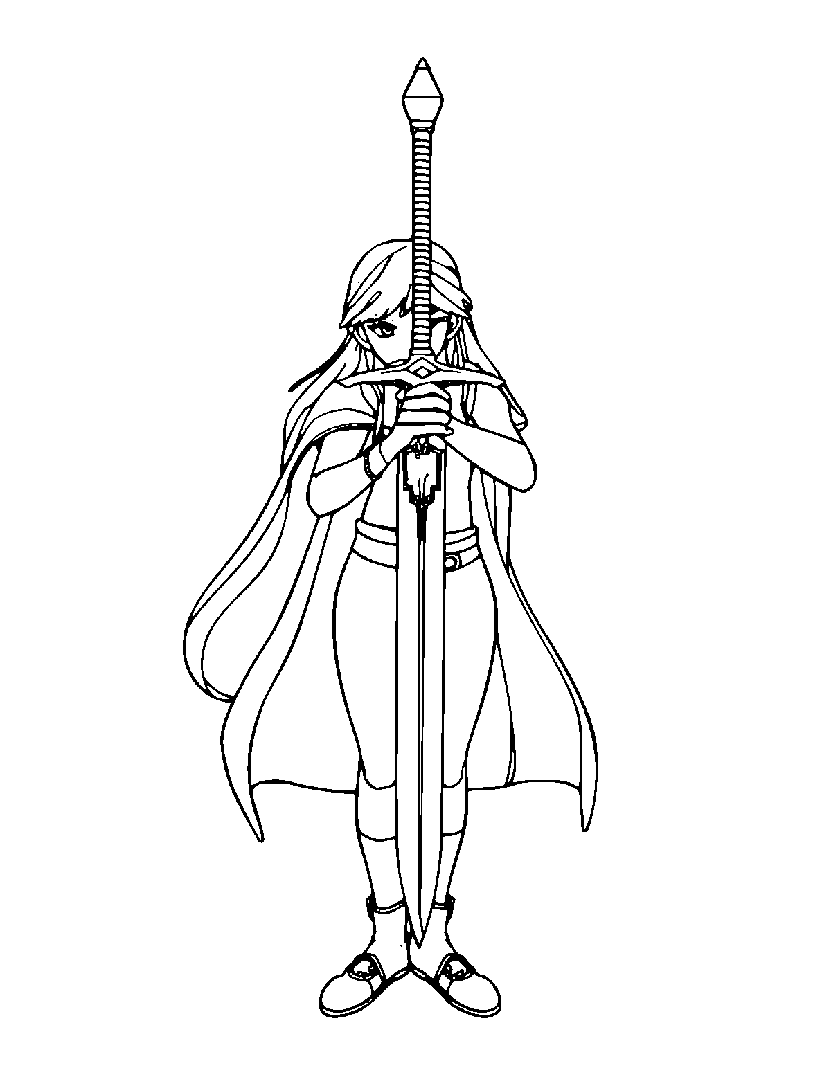 Line-art coloring page of Magic Sword, medium outlines, centered