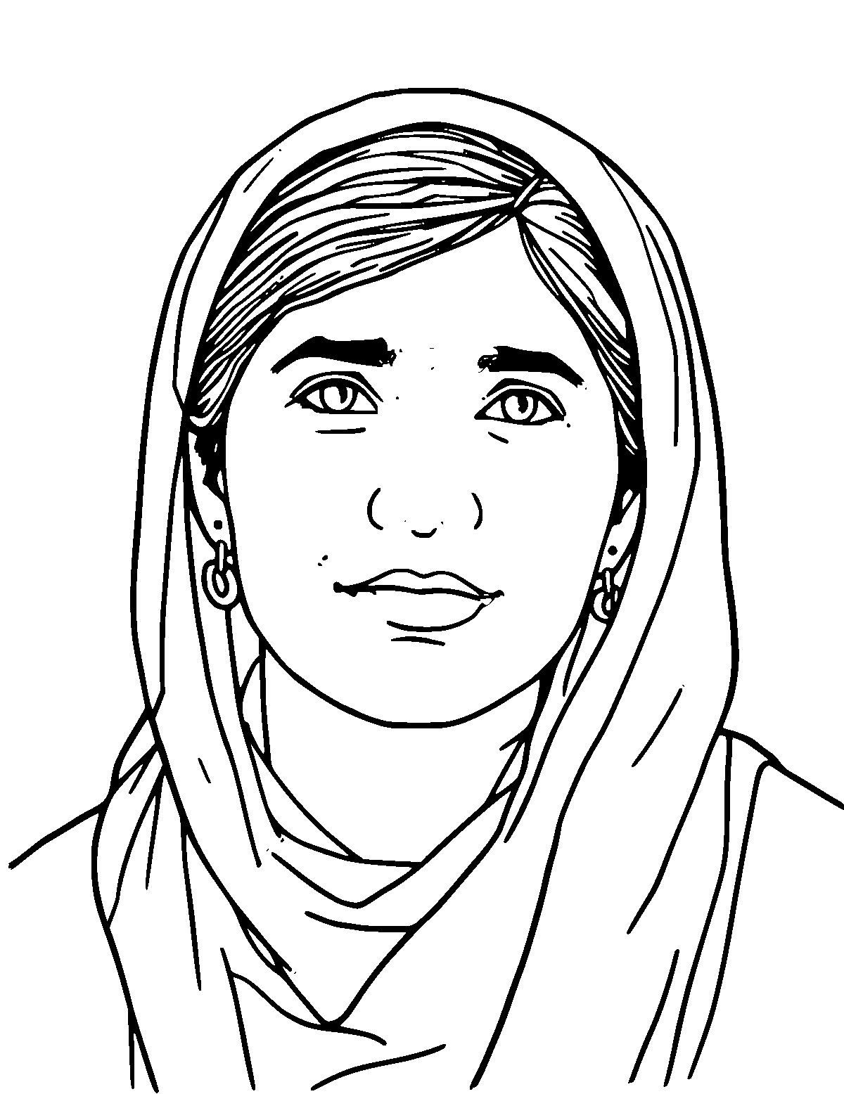Line-art coloring page of Malala Yousafzai, medium outlines, centered