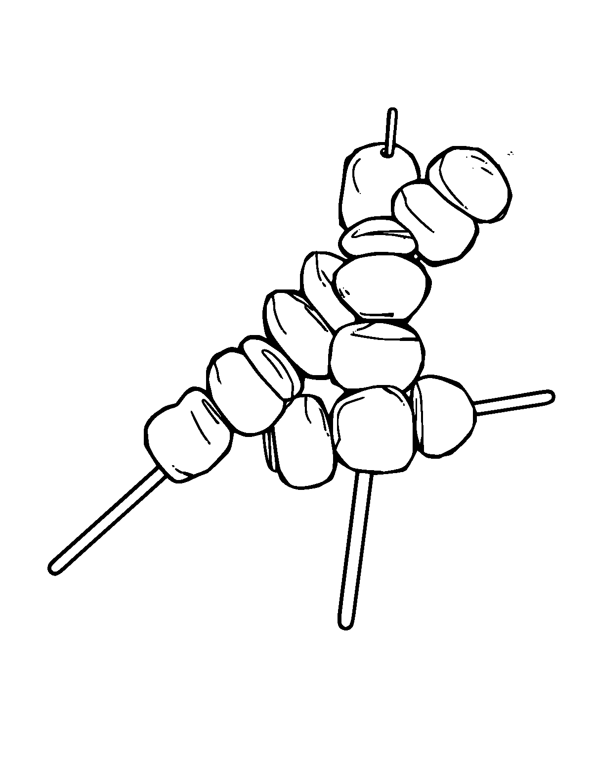 Line-art coloring page of Malaysian Satay Skewers, medium outlines, centered