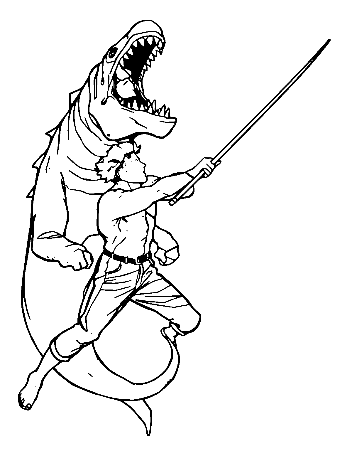 Line-art coloring page of Man Fighting Sea Monster, medium outlines, centered