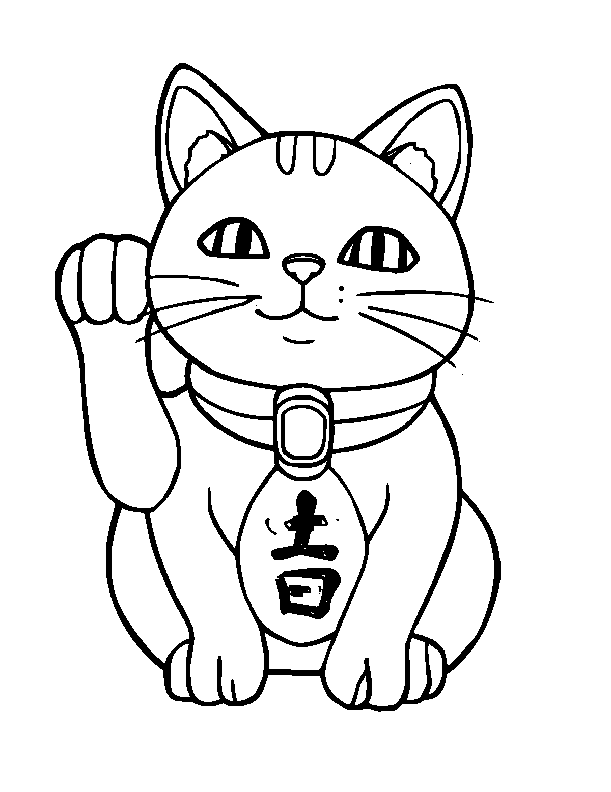 Line-art coloring page of Maneki-neko the Lucky Cat, thick outlines, centered