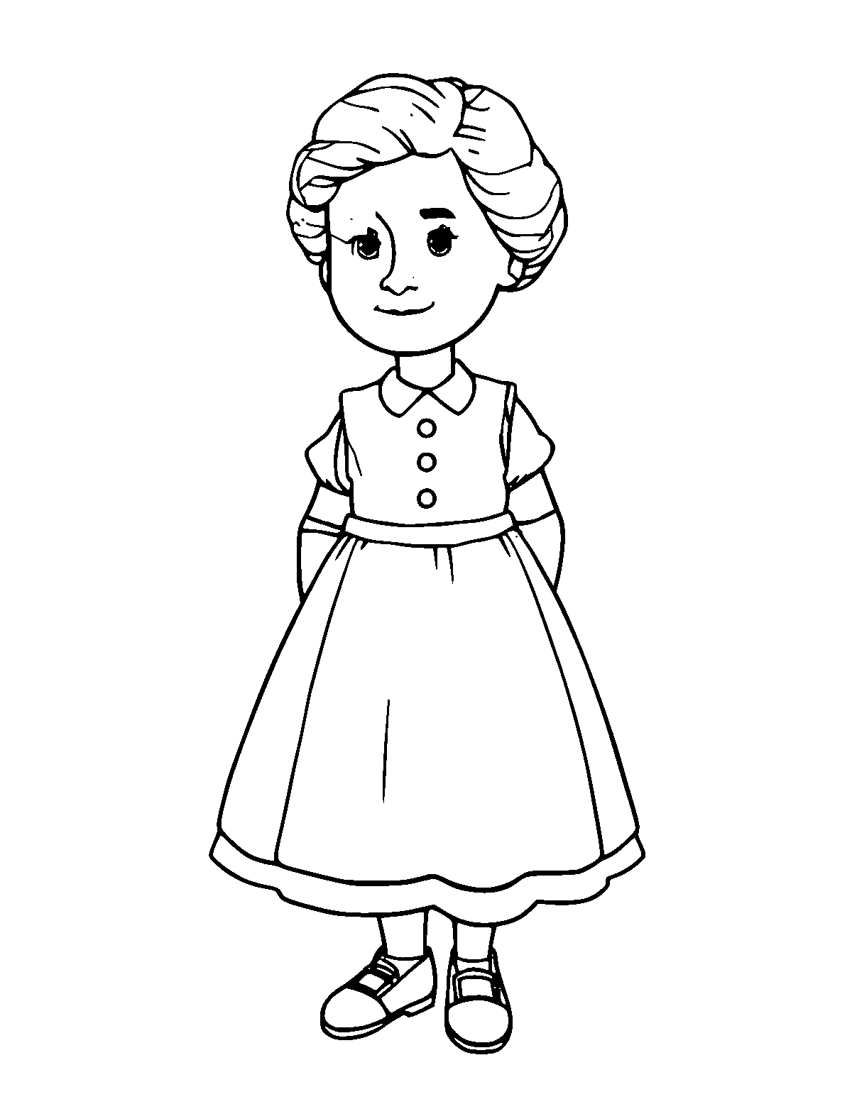 Line-art coloring page of Marie Curie, medium outlines, centered