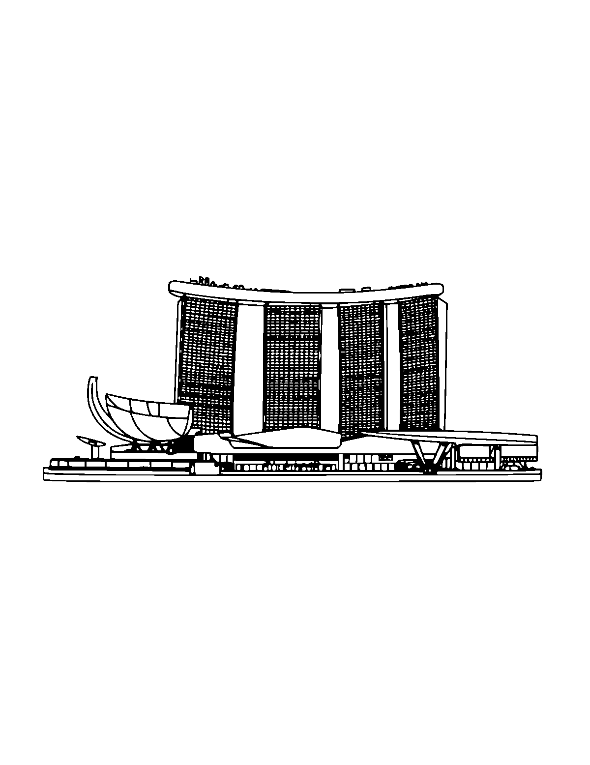 Line-art coloring page of Marina Bay Sands, medium outlines, centered
