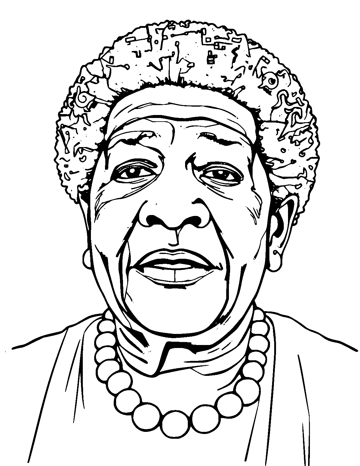 Line-art coloring page of Maya Angelou, medium outlines, centered