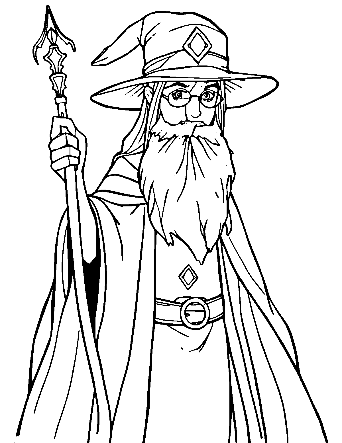 Line-art coloring page of Merlin the Wizard, medium outlines, centered