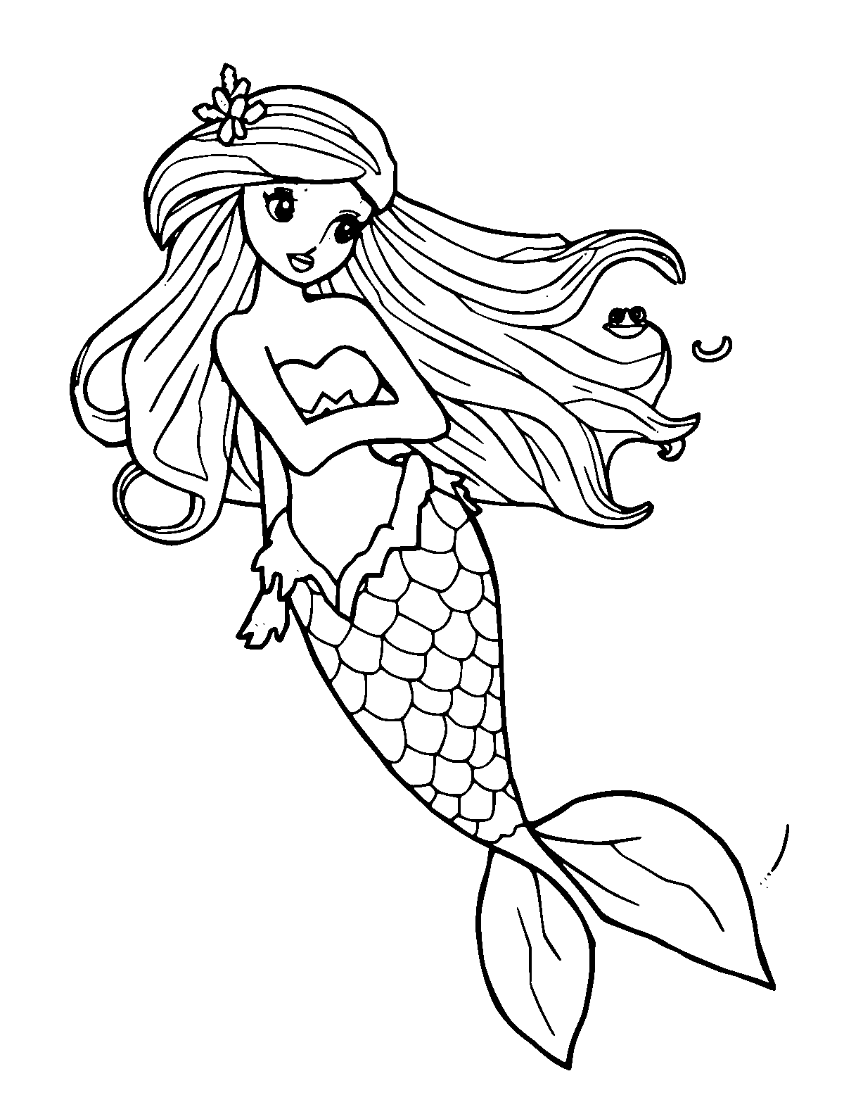 Line-art coloring page of Mermaid, medium outlines, centered