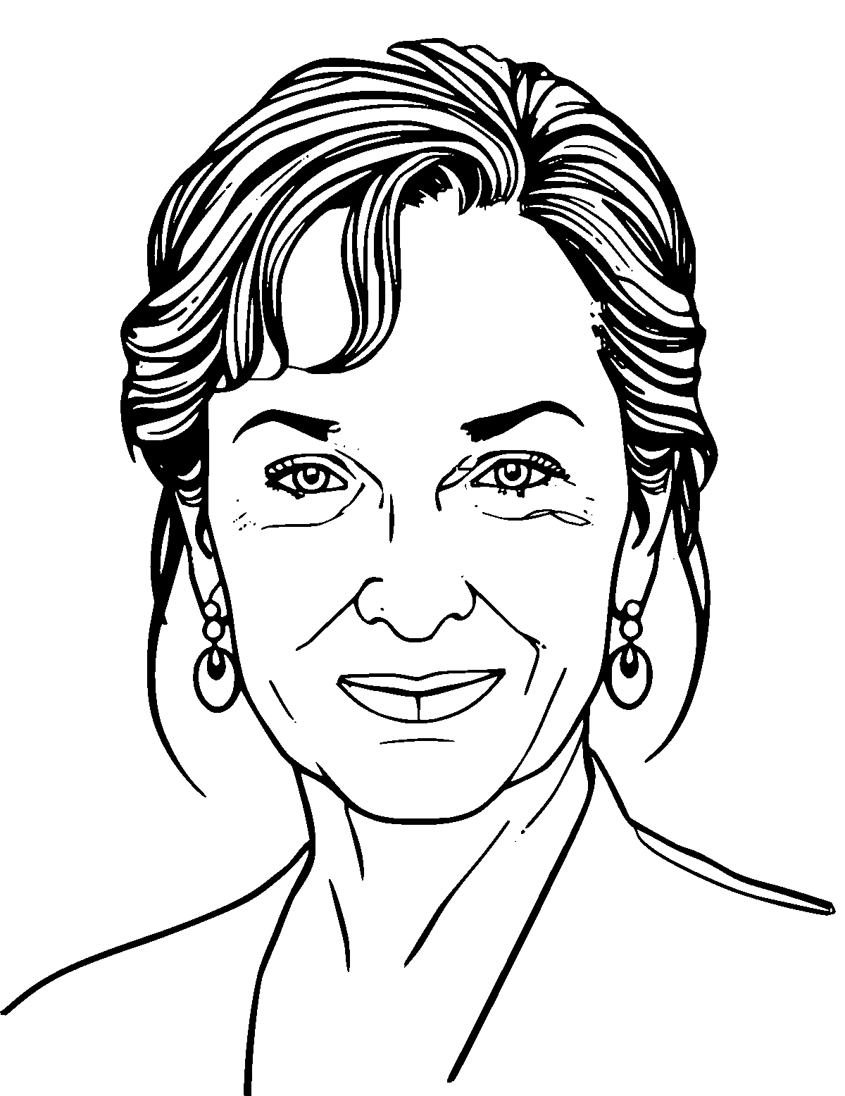 Line-art coloring page of Meryl Streep, medium outlines, centered