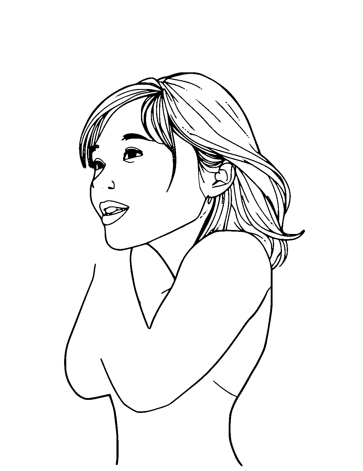Line-art coloring page of Michelle Kwan, medium outlines, centered
