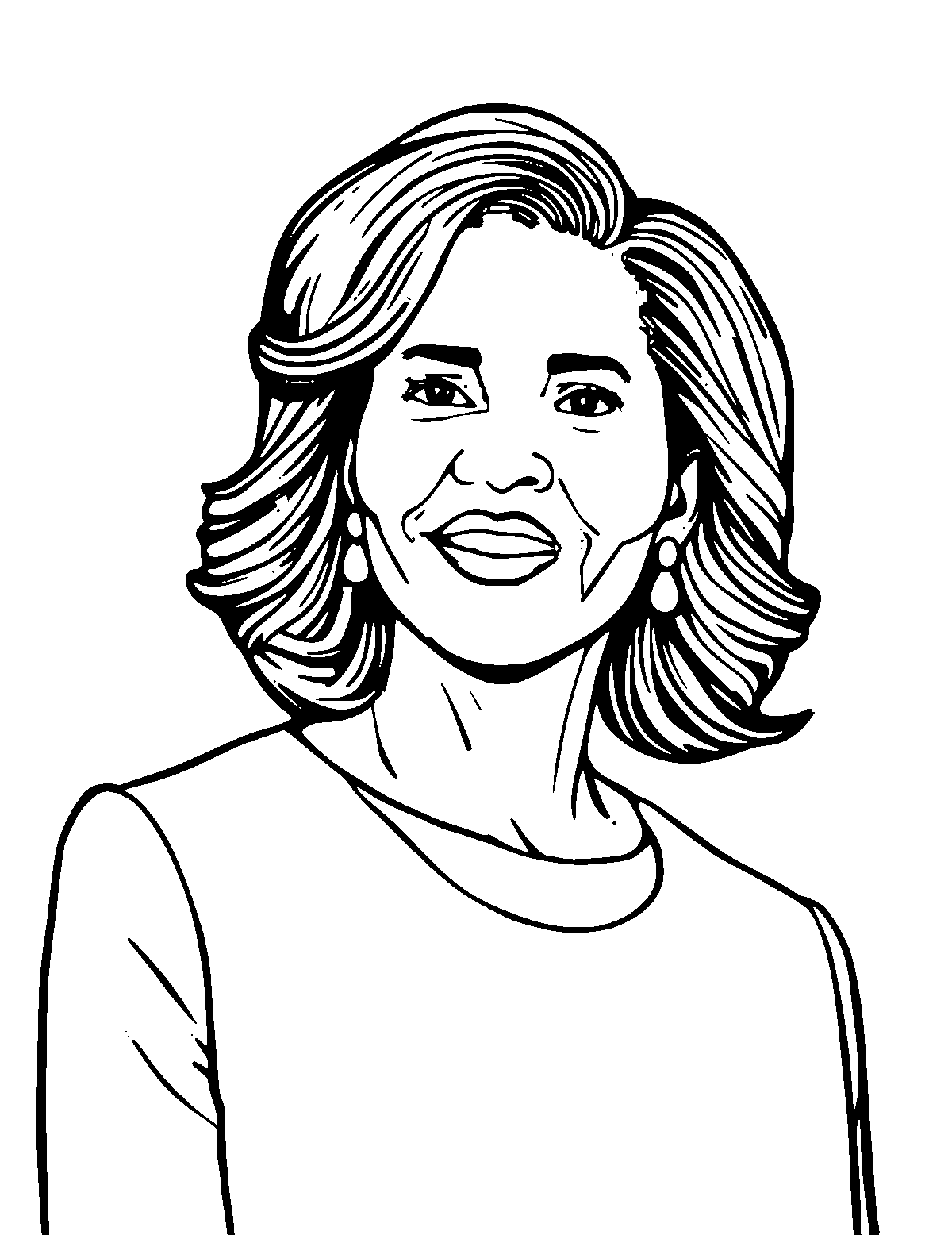 Line-art coloring page of Michelle Obama, medium outlines, centered