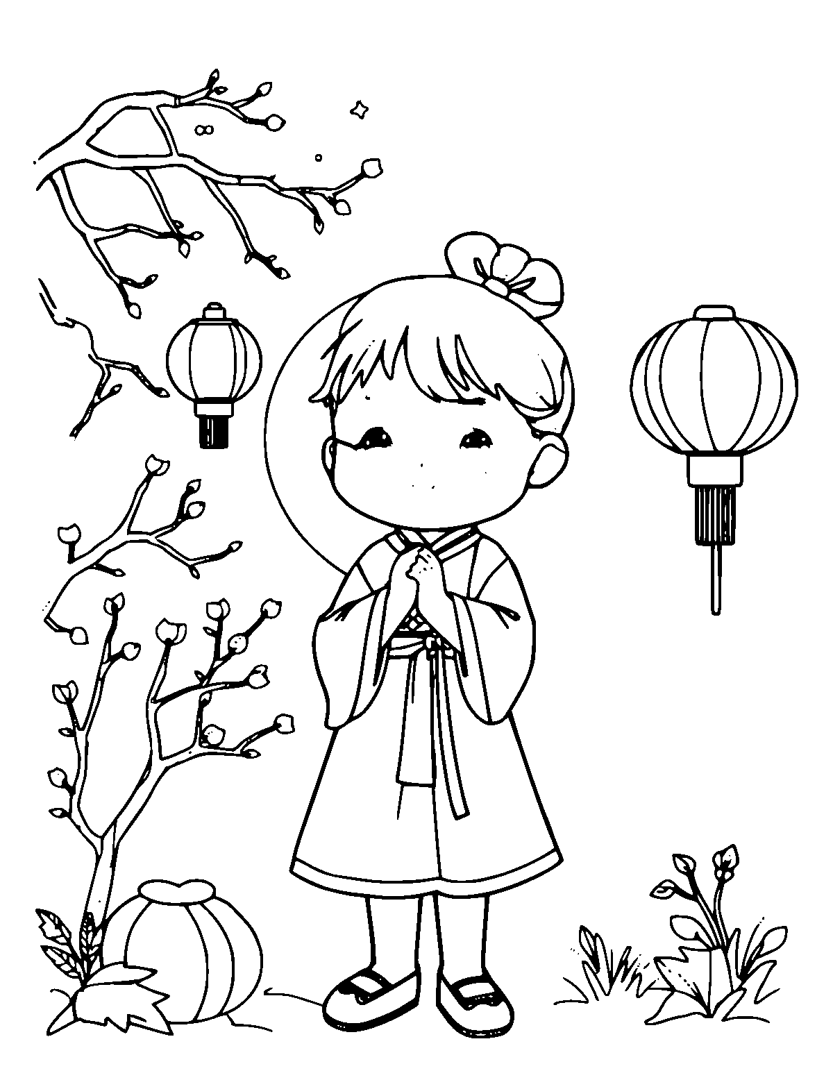 Line-art coloring page of Mid-Autumn Moon Festival, medium outlines, centered
