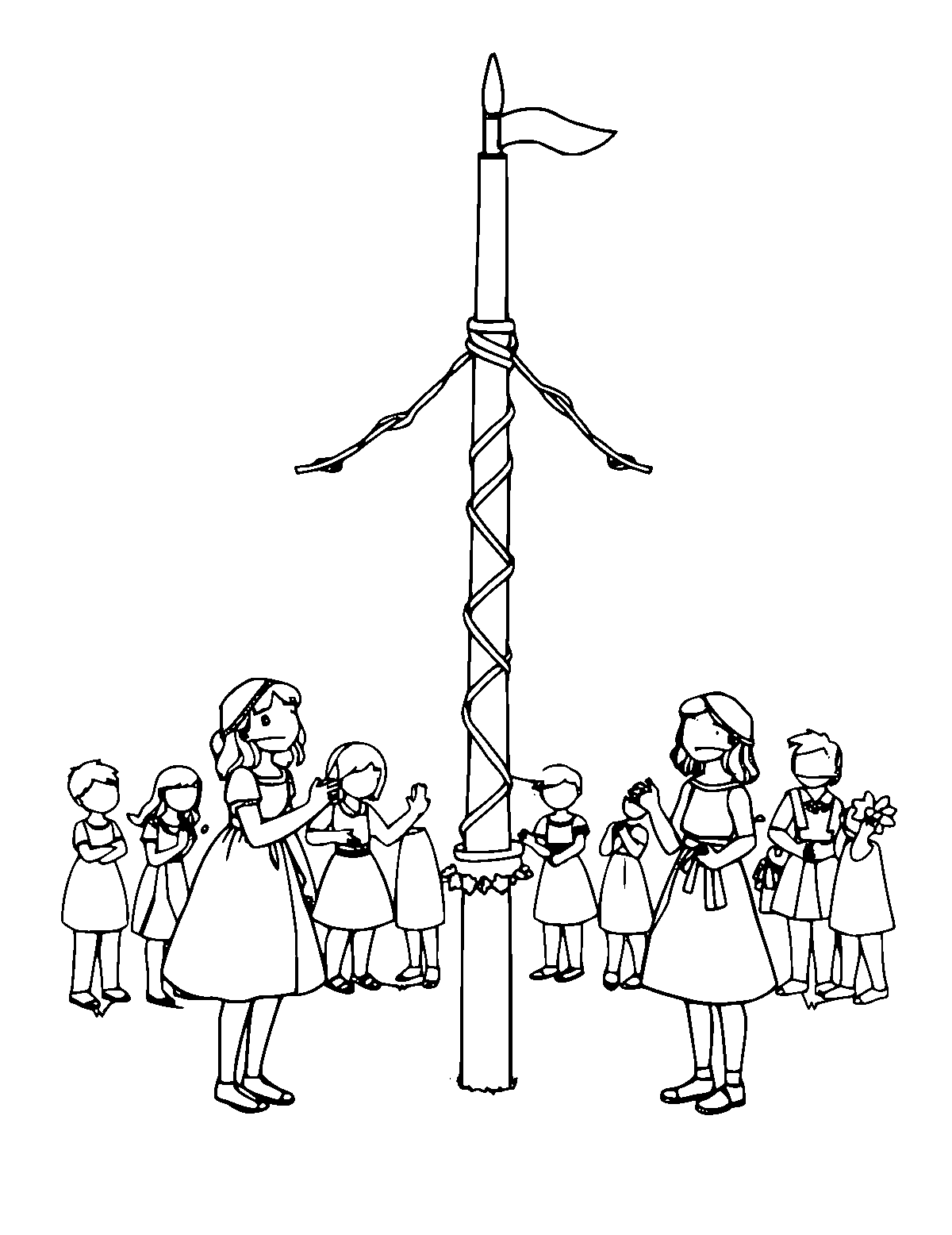 Line-art coloring page of Midsummer Maypole Festival, medium outlines, centered