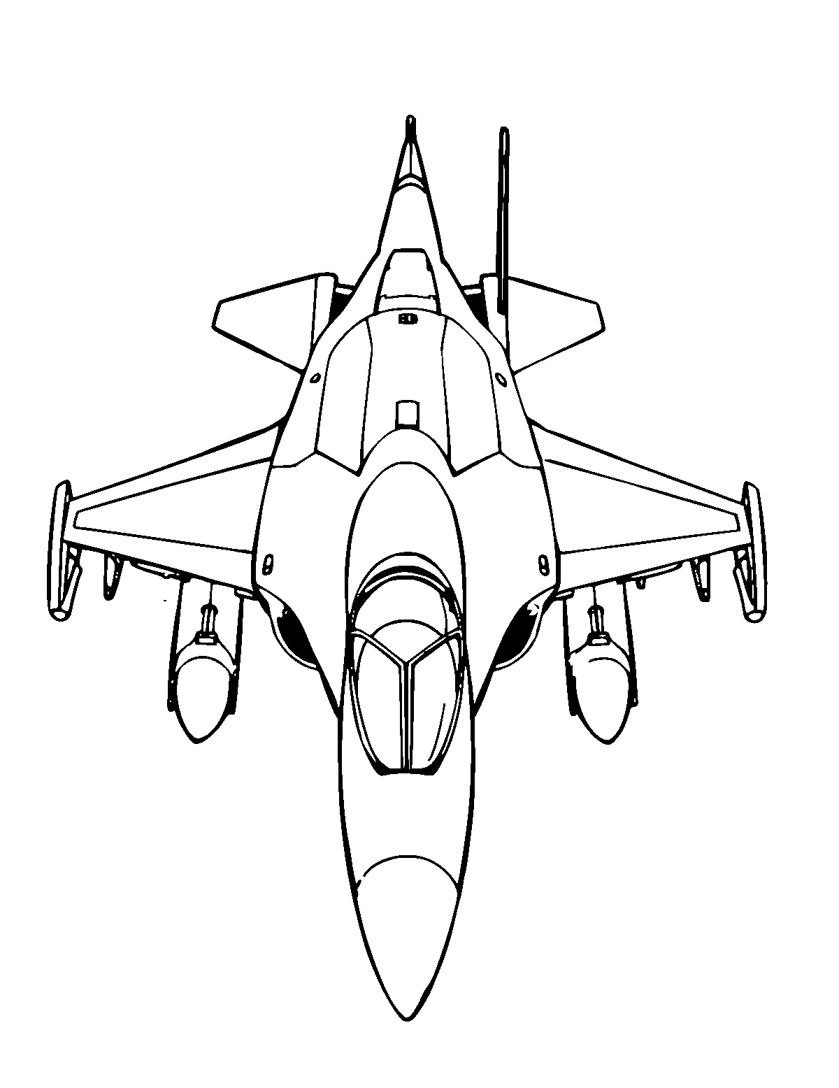 Line-art coloring page of Military Jet, medium outlines, centered