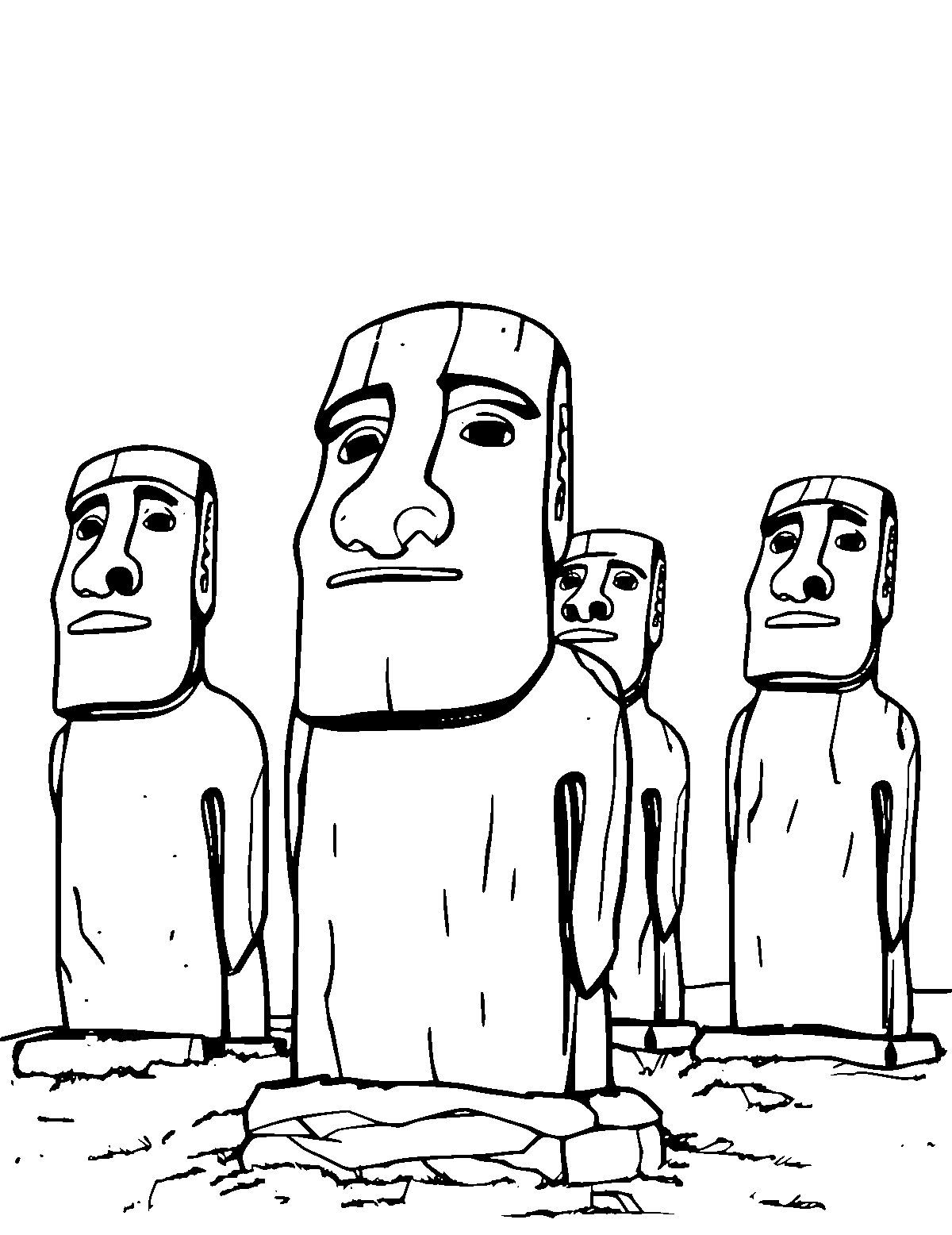 Line-art coloring page of Moai Statues of Easter Island, medium outlines, centered