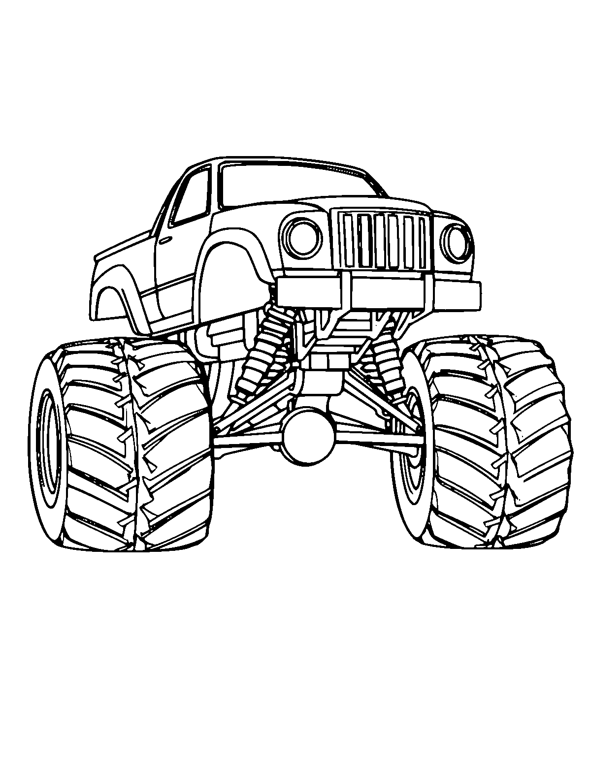Line-art coloring page of Monster Truck, medium outlines, centered