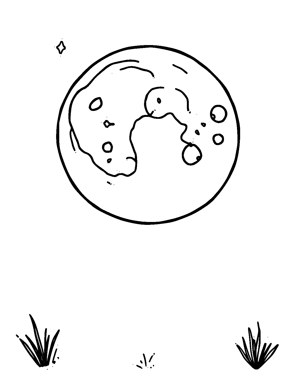 Line-art coloring page of Moon, thick outlines, centered