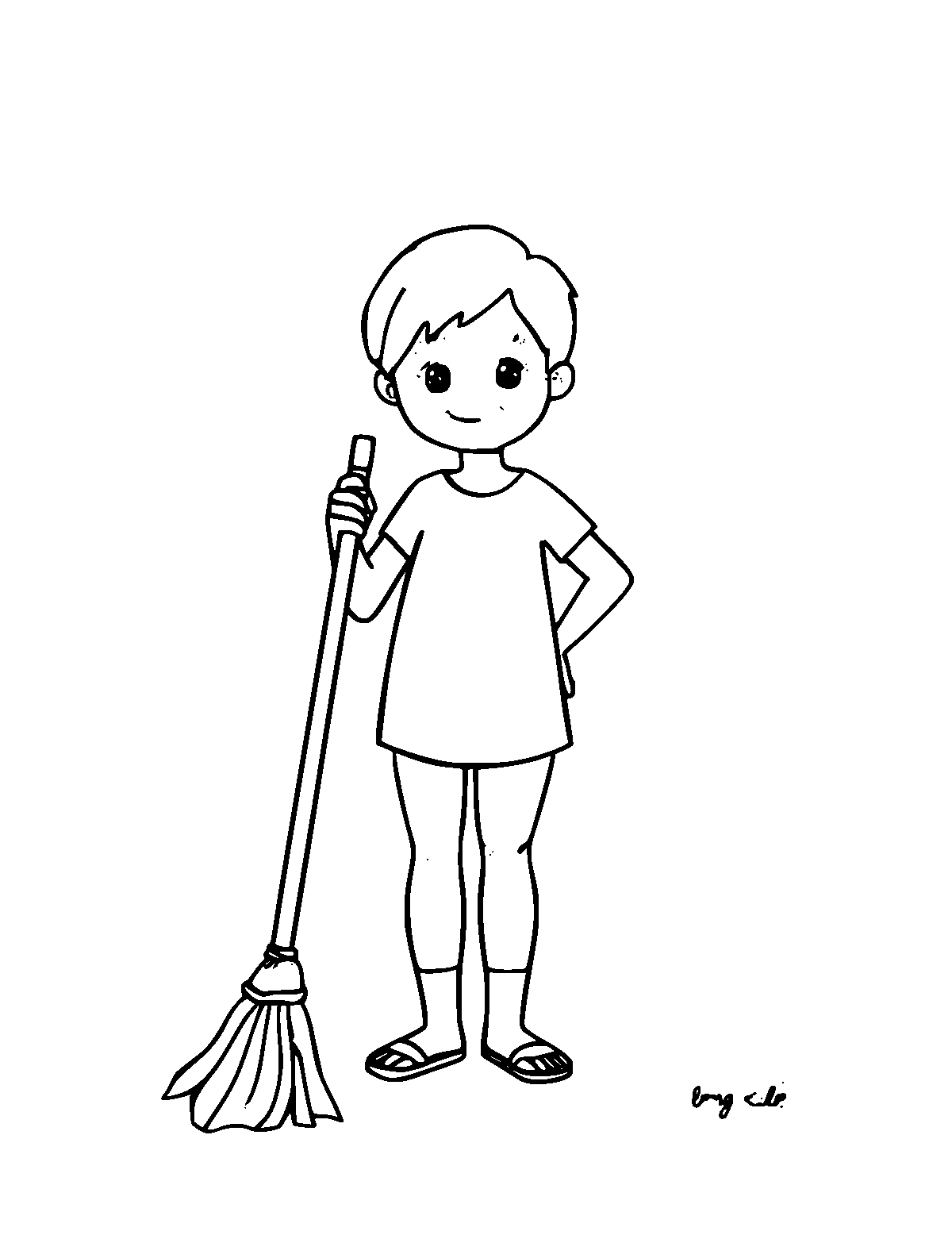 Line-art coloring page of Mop, medium outlines, centered